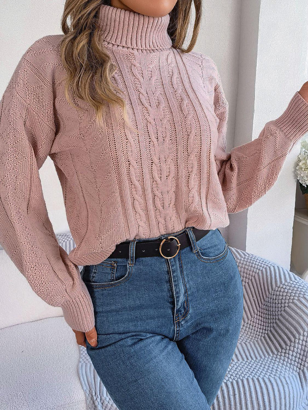 Blush Romance Cable Knit Turtleneck Sweater - TEVQA