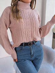Blush Romance Cable Knit Turtleneck Sweater - TEVQA