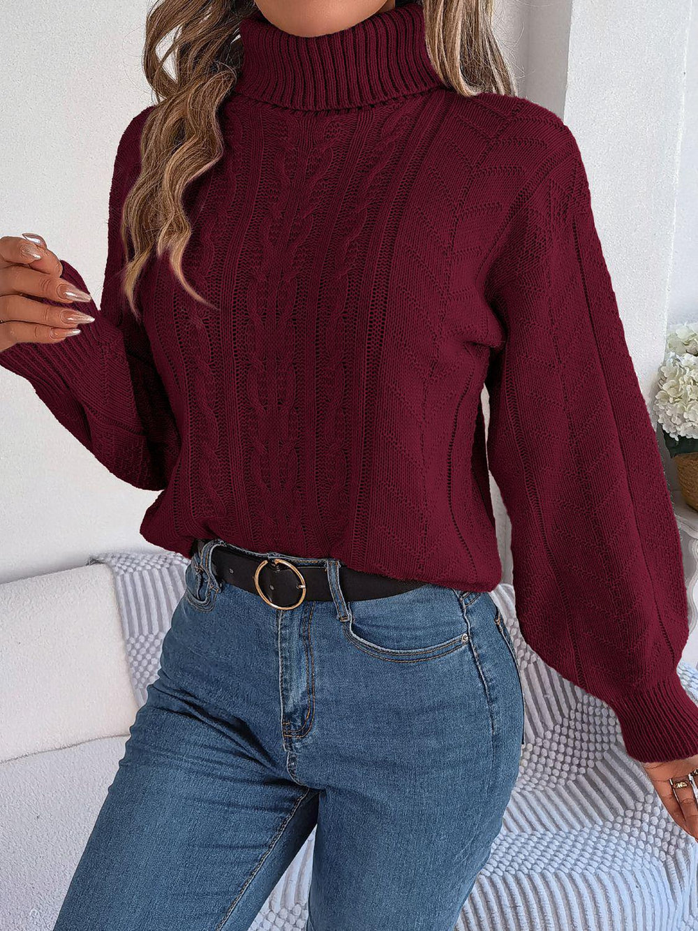 Blush Romance Cable Knit Turtleneck Sweater - TEVQA
