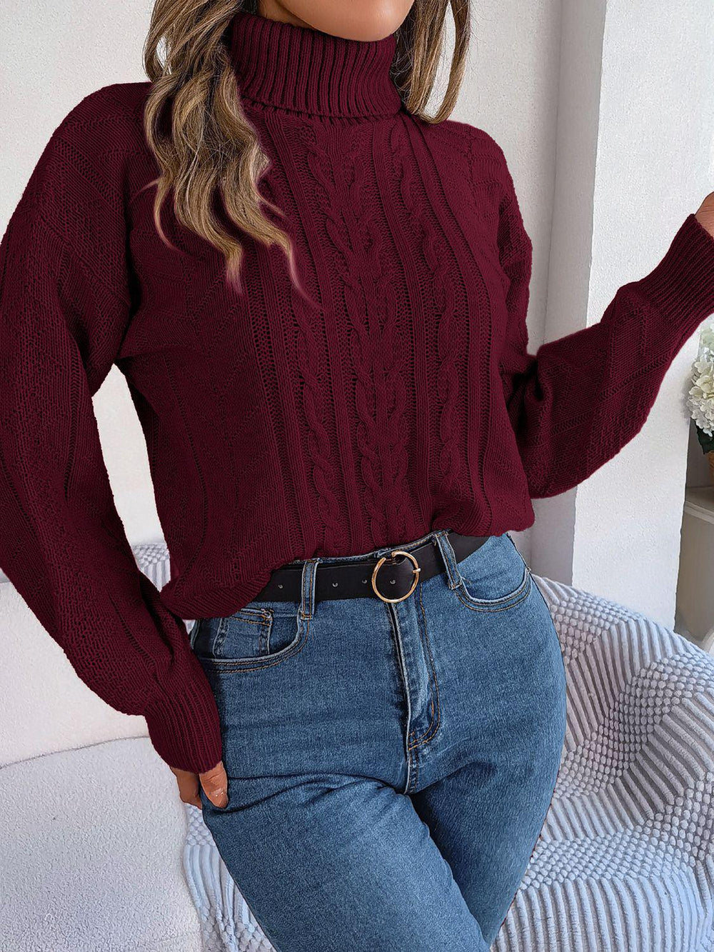 Blush Romance Cable Knit Turtleneck Sweater - TEVQA