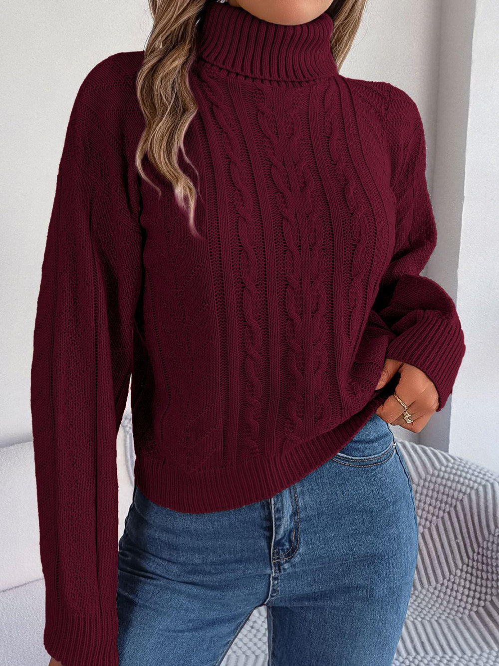 Blush Romance Cable Knit Turtleneck Sweater - TEVQA