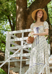 Floral print midi dress with puff sleeves and square neckline - View 7 | TEVQA