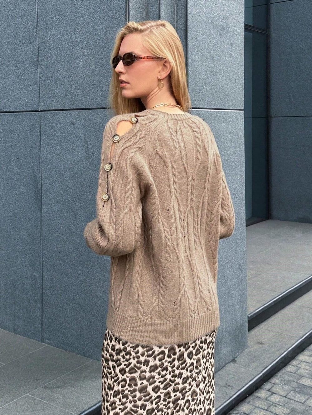 Camel cable knit crew neck sweater with button details on the shoulder - View 6 | TEVQA