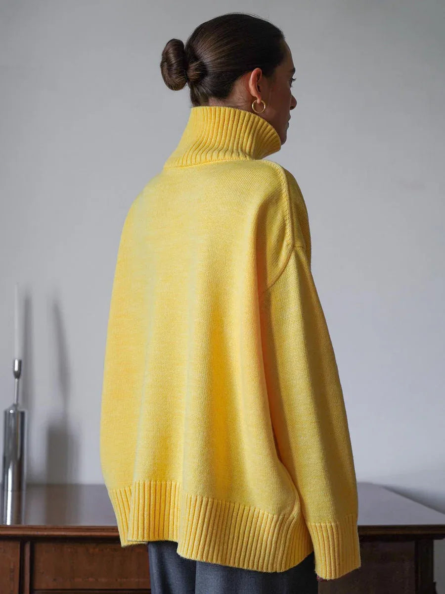 Effortless Oversized High-Neck Ribbed Knit Sweater - TEVQA