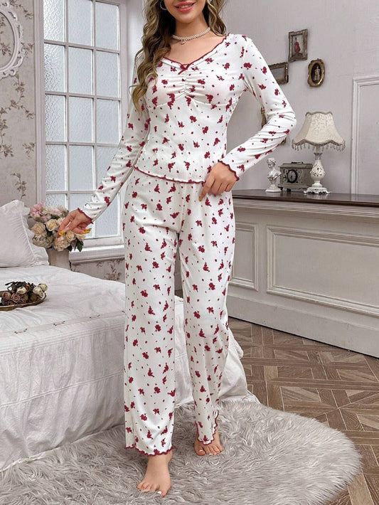 Coquette Ditsy Floral Ribbed Knit Pajama Set