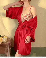 Button-Front Lace Satin Robe & Slip Dress Set - TEVQA