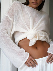 Boho Sheer Hollow Out Knit Top - TEVQA