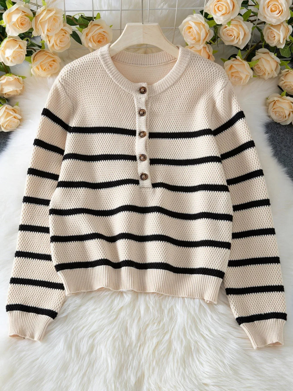 Classic Striped Waffle Knit Henley Sweater in cream and black - View 6 | TEVQA