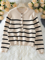 Classic Striped Waffle Knit Henley Sweater in cream and black - View 6 | TEVQA