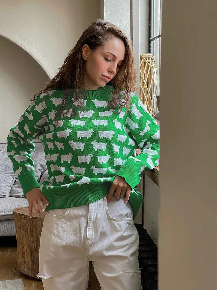 Whimsical Sheep Jacquard Knit Sweater - TEVQA