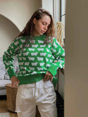 Whimsical Sheep Jacquard Knit Sweater - TEVQA