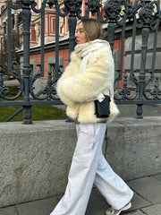 Cream plush faux fur cropped jacket - View 8 | TEVQA
