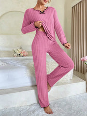 Coquette Contrast Trim Ribbed Pajama Set - TEVQA