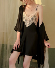 Button-Front Lace Satin Robe & Slip Dress Set - TEVQA