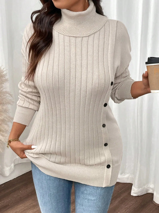 Vanilla Cream Side Button Turtleneck Sweater - TEVQA