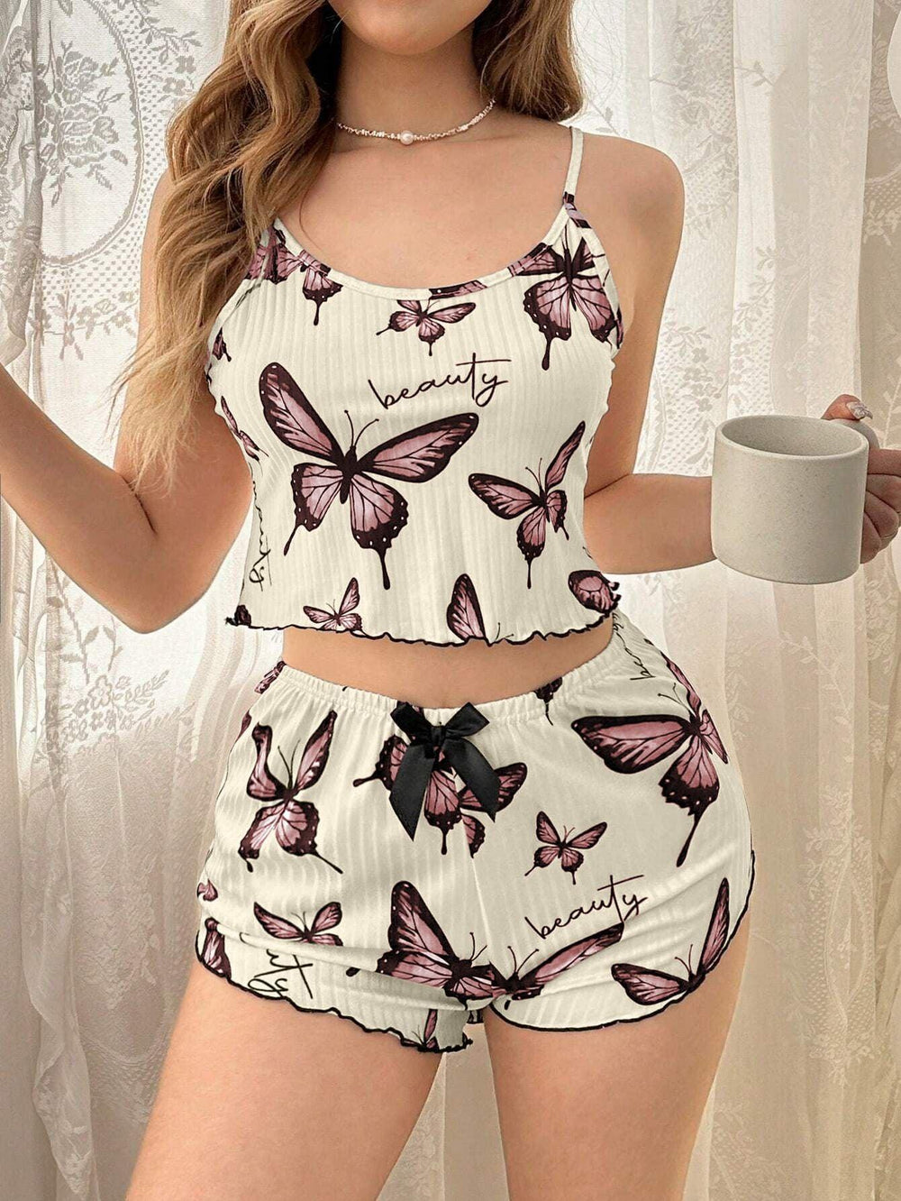 Blue Butterfly Print Ribbed Cami & Shorts Set - TEVQA