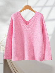 Soft Pink Off-Shoulder V-Neck Sweater - View 6 | TEVQA
