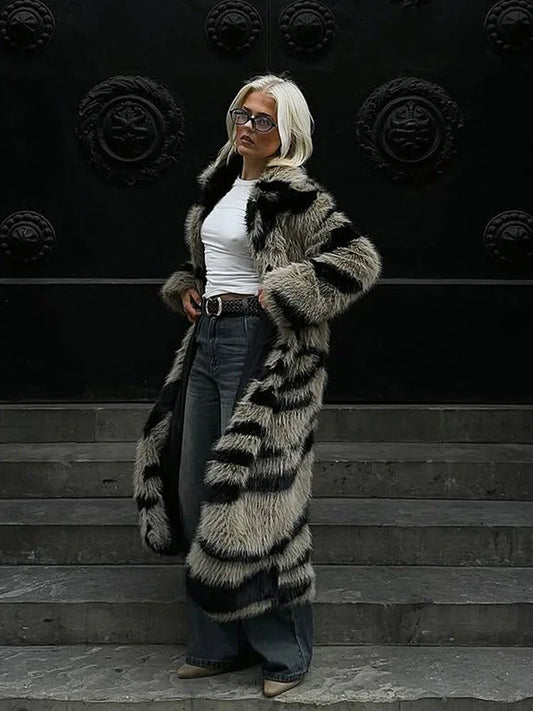 Vintage Zebra Stripe Faux Fur Long Coat - TEVQA