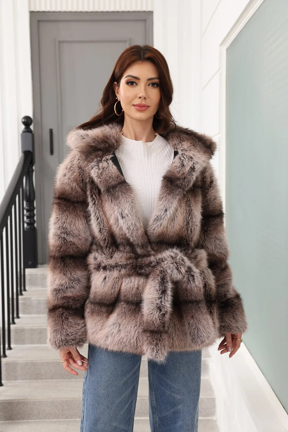 Faux fur coat with hood - View 7 | TEVQA