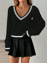 White cable knit V-neck sweater with black trim and embroidered crest - View 8 | TEVQA