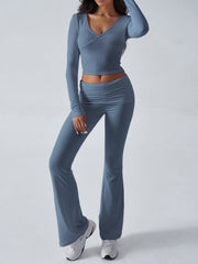 Balletcore V-Neck Crop Top & Fold-Over Flare Pants Set