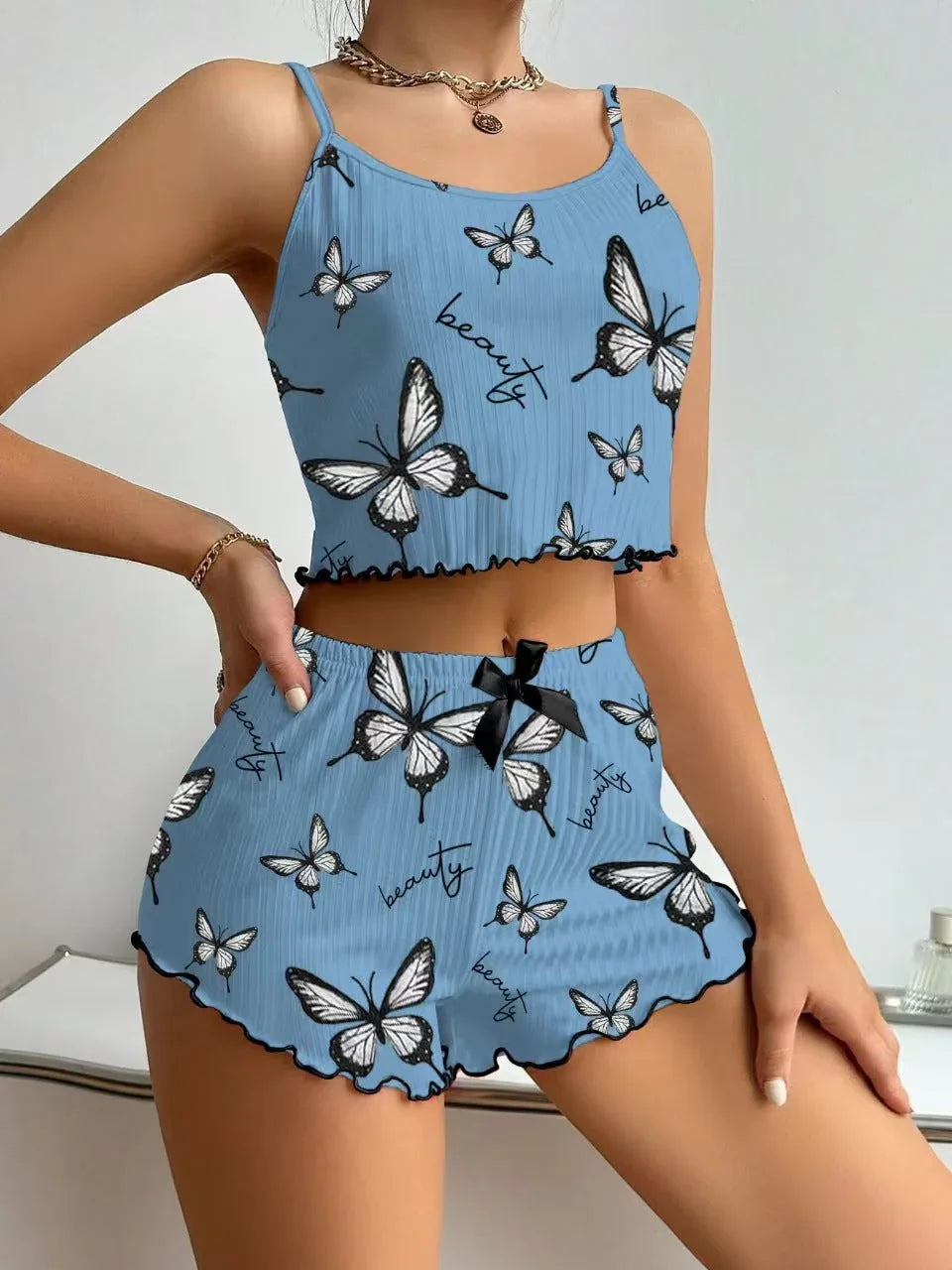 Blue Butterfly Print Ribbed Cami & Shorts Set - TEVQA