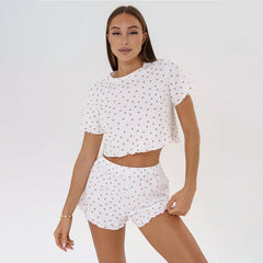 Ditsy Heart Print Ribbed Tee & Shorts Set