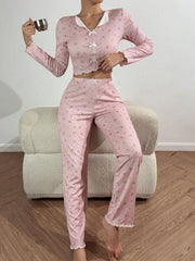 Tulip Floral Ribbed Henley Pajama Set - TEVQA