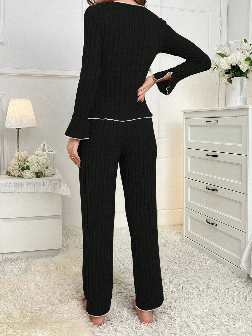 Ribbed pajama set with contrast trim and bow details - View 8 | TEVQA