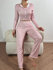 Tulip Floral Ribbed Henley Pajama Set - TEVQA