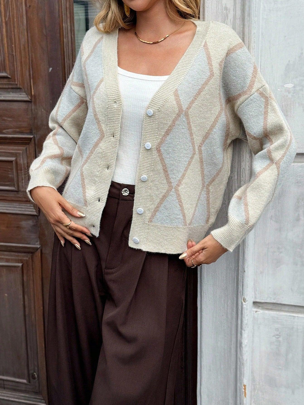 Vintage Soft Argyle V-Neck Knit Cardigan - TEVQA