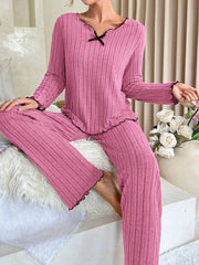 Coquette Contrast Trim Ribbed Pajama Set - TEVQA
