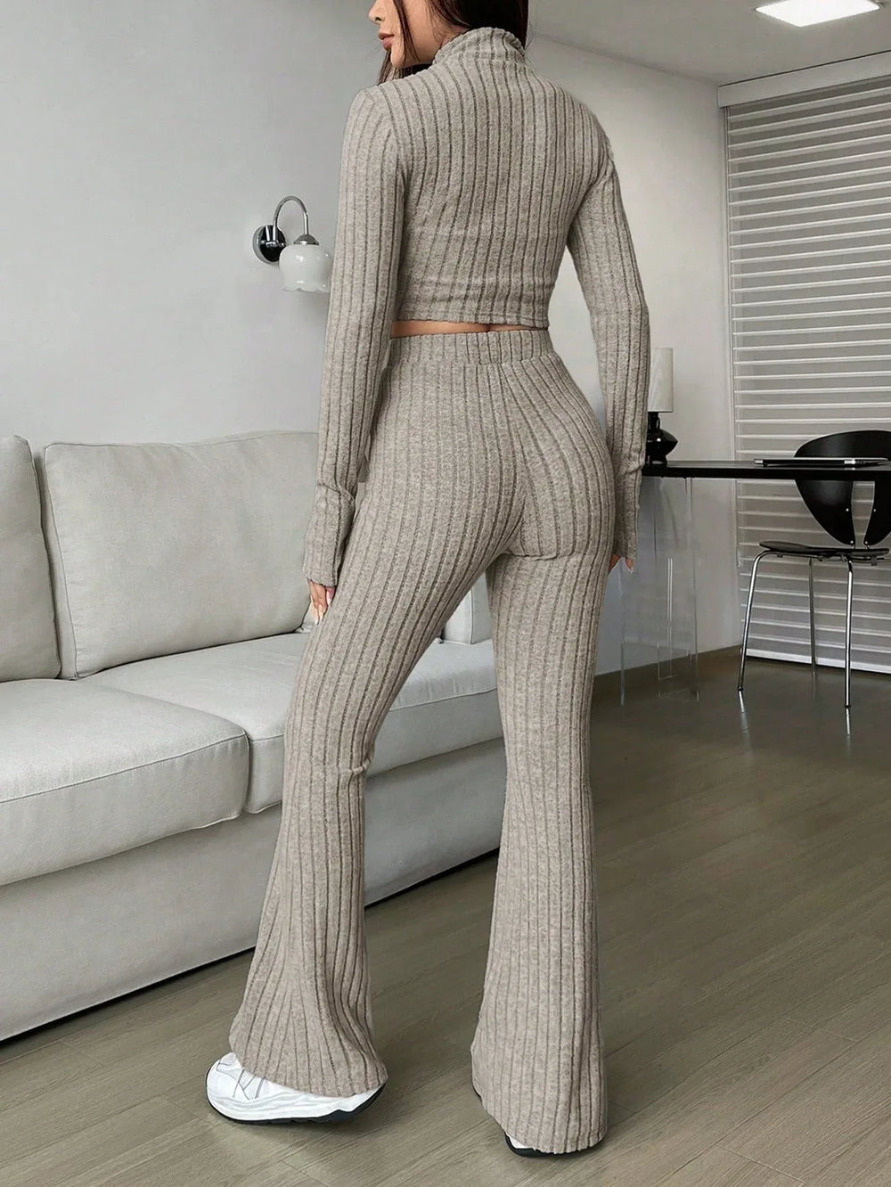 Vintage Moss Ribbed Knit Two-Piece Set - TEVQA