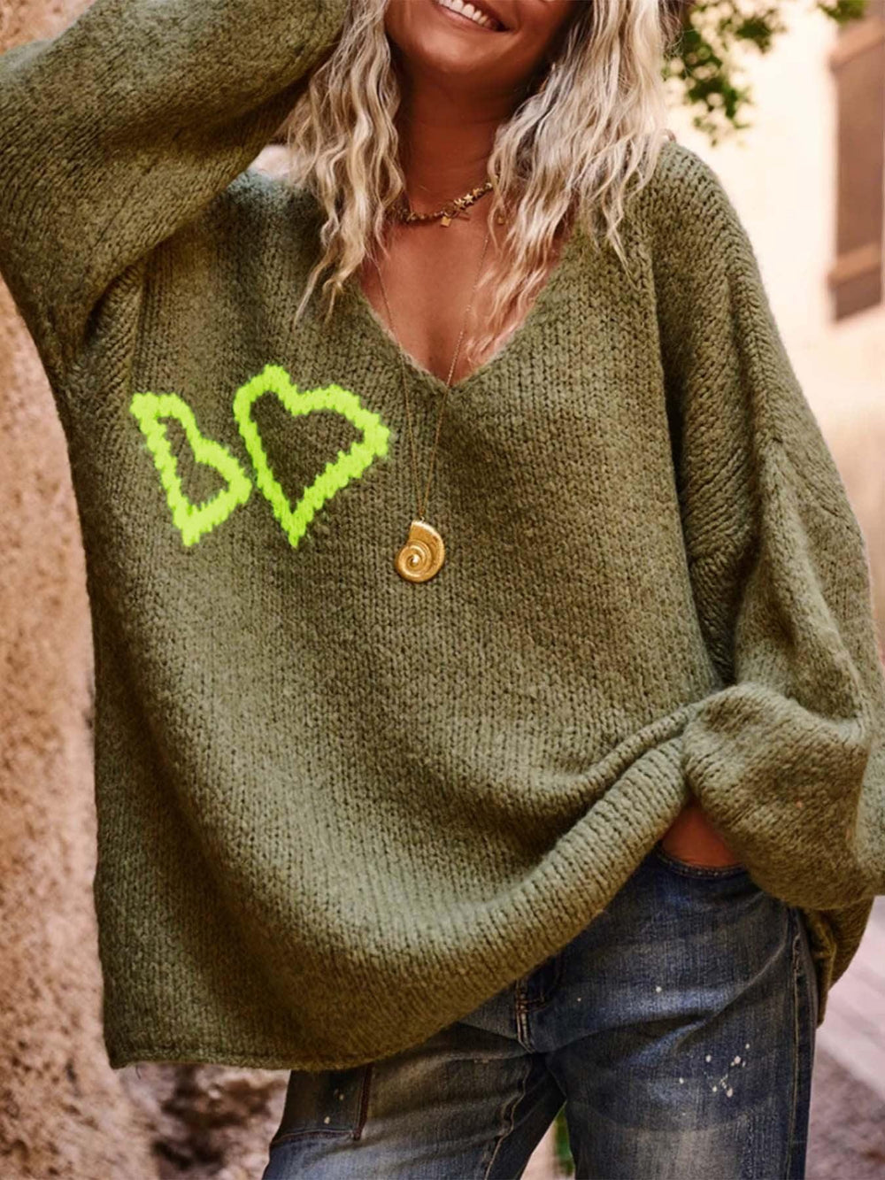 Oversized V-neck sweater with neon heart graphic - View 7 | TEVQA