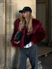 Shaggy faux fur cropped jacket with collarless neckline - View 7 | TEVQA