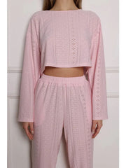 Coquette Aesthetic Pink Eyelet Lounge Set - TEVQA