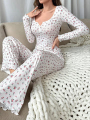 Ditsy floral ribbed henley pajama set - View 17 | TEVQA