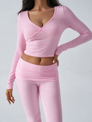 Balletcore V-Neck Crop Top & Fold-Over Flare Pants Set