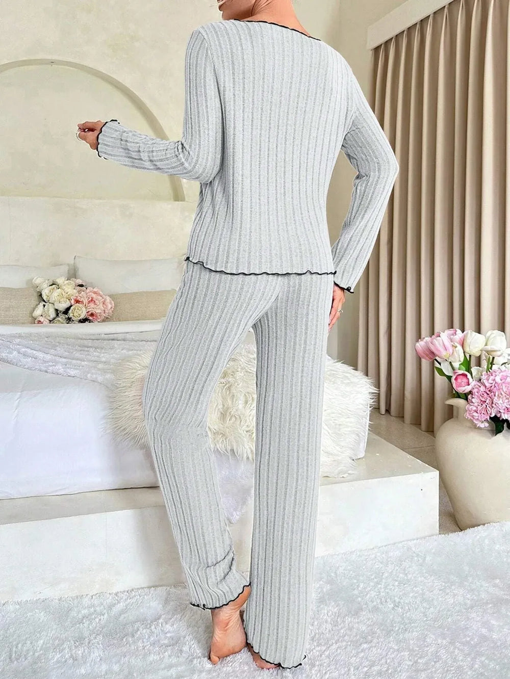 Coquette Contrast Trim Ribbed Pajama Set - TEVQA
