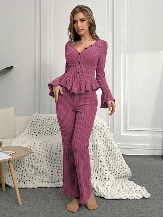 Elegant Ribbed Peplum Lounge Set