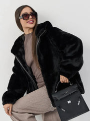 Midnight Velvet Faux Mink Zip-Up Coat - TEVQA