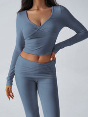 Balletcore V-Neck Crop Top & Fold-Over Flare Pants Set