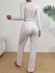 Tulip Floral Ribbed Henley Pajama Set - TEVQA