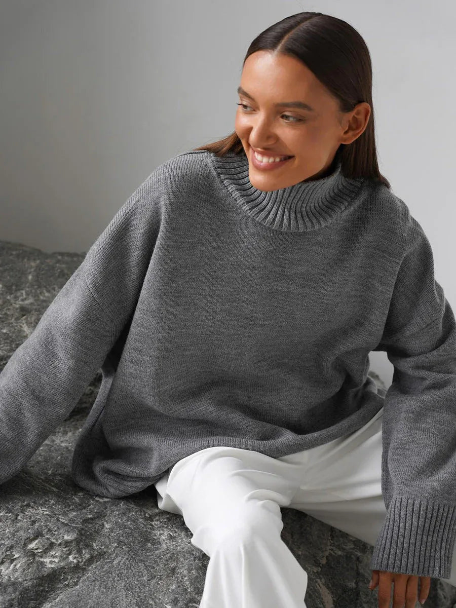 Effortless Oversized High-Neck Ribbed Knit Sweater - TEVQA