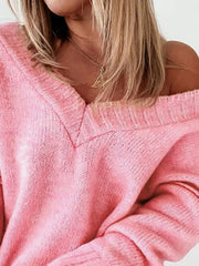 Soft Pink Off-Shoulder V-Neck Sweater