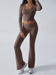 Balletcore V-Neck Crop Top & Fold-Over Flare Pants Set