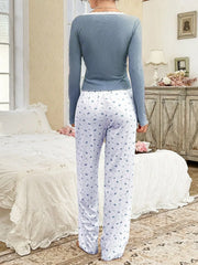 Ribbed knit pajama set with lace trim henley top and crown print bottoms - View 19 | TEVQA