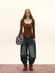 Square Neck Ribbed Knit Front Tie Long Sleeve Top