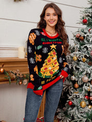 Front view of a woman wearing a black Christmas sweater with a pizza tree graphic and the text "All I want for Christmas is food"
