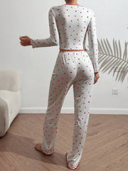 Ribbed Heart Print Pajama Set - View 13 | TEVQA